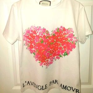 Gucci T Shirt Floral Heart & Love birds on back.